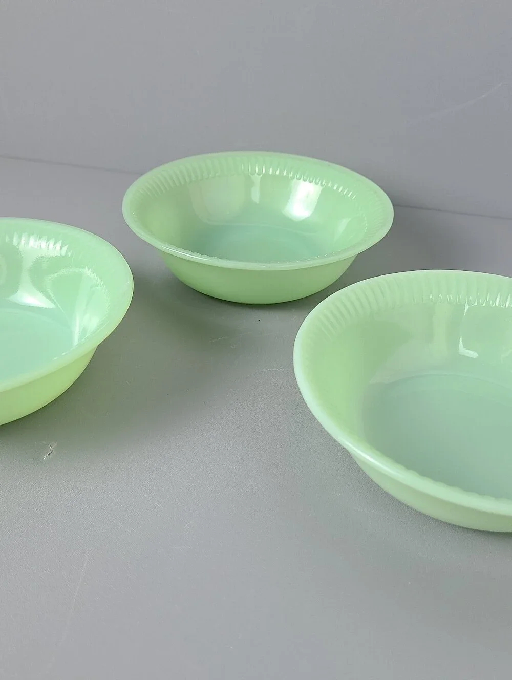 Anchor Hocking Fire King Jadeite Jane Ray Vintage Berry Dessert Fruit Dishes- 3